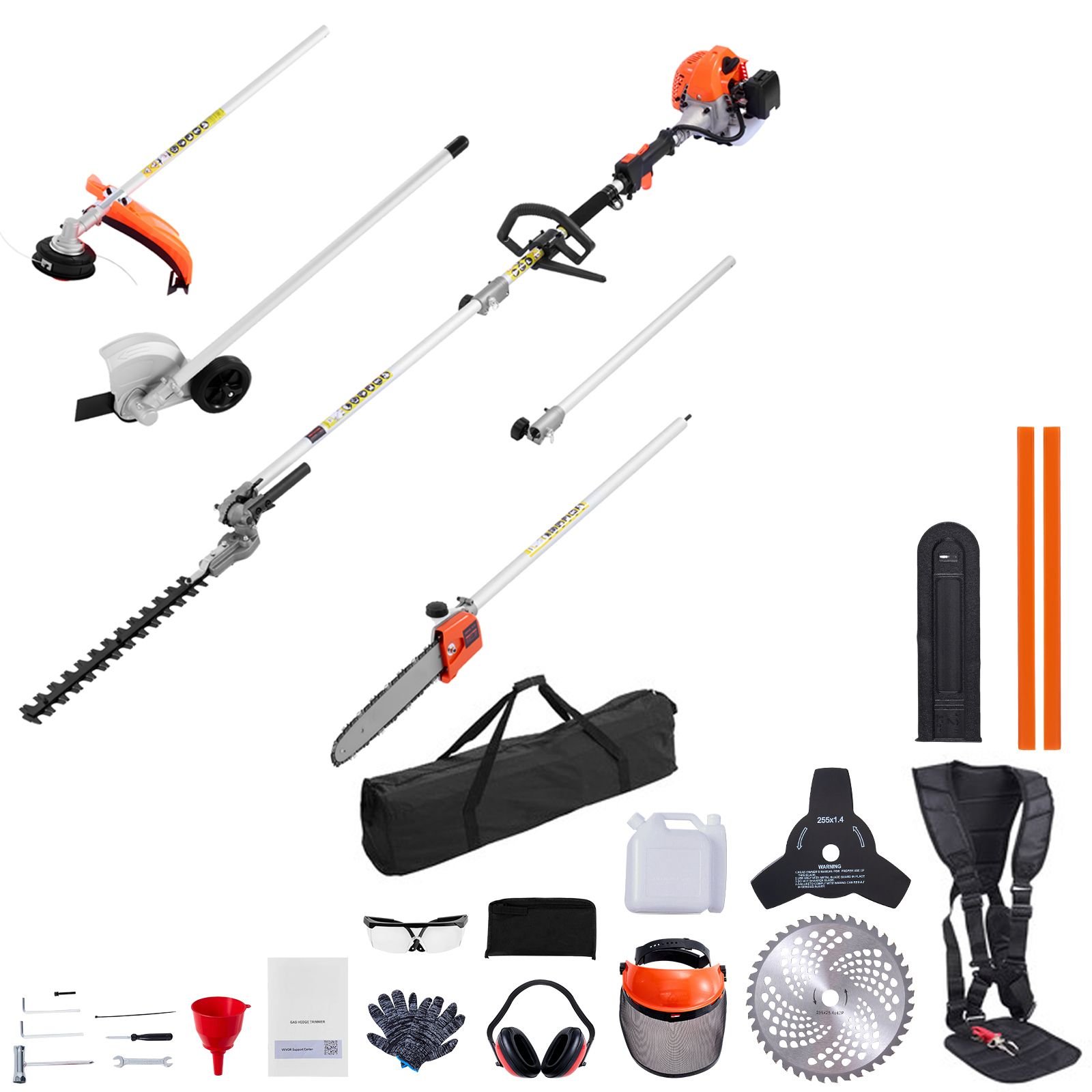 gas hedge trimmer, 2 cycle gas power handheld trimmer, 6 in 1 26cc weed eater with extension pole & protective gear set, includes hedge & string trimmer, brush cutter(3t & 40t), edger, pole saw