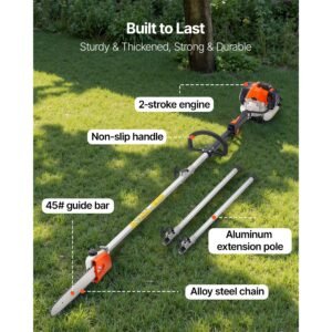 gas pole saw, 25cc 2 stroke gas powered pole saws with 12 in cutting bar, cordless tree trimmer with 23 fl.oz fuel tank, 7 to 12 ft extendable, powerful chainsaw for tree trimming pruning