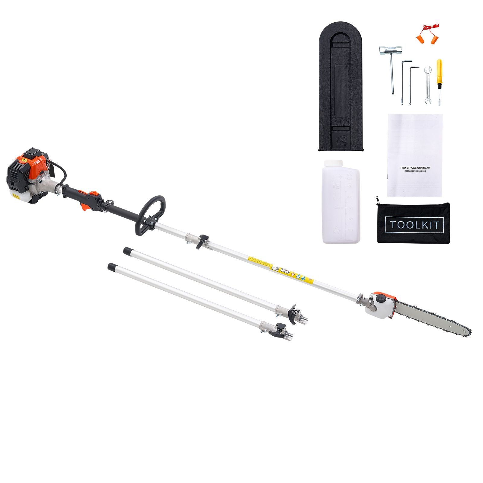 gas pole saw, 25cc 2 stroke gas powered pole saws with 12 in cutting bar, cordless tree trimmer with 23 fl.oz fuel tank, 7 to 12 ft extendable, powerful chainsaw for tree trimming pruning