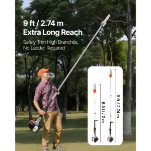 gas pole saw, 25cc 2 stroke gas powered pole saws with 8 in cutting bar, cordless tree trimmer with 23 fl.oz fuel tank, 6.5 to 9 ft extendable, powerful chainsaw for tree trimming pruning