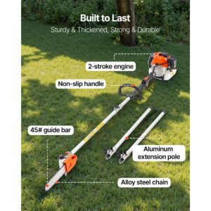 gas pole saw, 43cc 2 stroke gas powered pole saws with 10 in cutting bar, cordless tree trimmer with rotatable head, 6.9 to 11.8 ft extendable, powerful chainsaw for tree trimming pruning