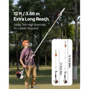 gas pole saw, 43cc 2 stroke gas powered pole saws with 12 in cutting bar, cordless tree trimmer with rotatable head, 7.1 to 12 ft extendable, powerful chainsaw for tree trimming pruning
