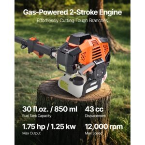 gas pole saw, 43cc 2 stroke gas powered pole saws with 12 in cutting bar, cordless tree trimmer with rotatable head, 7.1 to 12 ft extendable, powerful chainsaw for tree trimming pruning