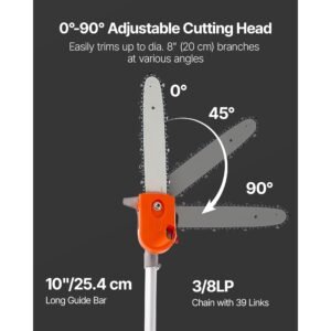 gas pole saw, 43cc 2 stroke gas powered pole saws with 12 in cutting bar, cordless tree trimmer with rotatable head, 7.1 to 12 ft extendable, powerful chainsaw for tree trimming pruning