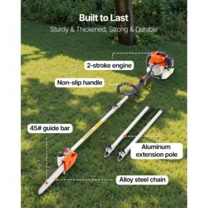 gas pole saw, 43cc 2 stroke gas powered pole saws with 12 in cutting bar, cordless tree trimmer with rotatable head, 7.1 to 12 ft extendable, powerful chainsaw for tree trimming pruning