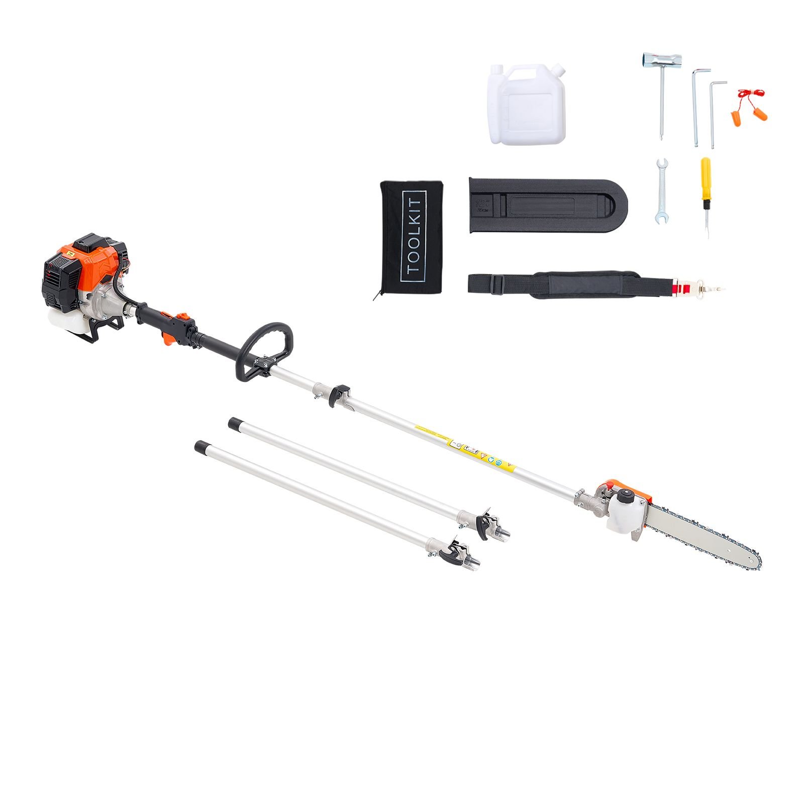 gas pole saw, 43cc 2 stroke gas powered pole saws with 12 in cutting bar, cordless tree trimmer with rotatable head, 7.1 to 12 ft extendable, powerful chainsaw for tree trimming pruning