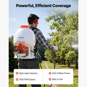 gas powered backpack sprayer, 26.5cc 0.9hp engine, garden sprayer with 5 gallon tank, large area coverage, lawn spraying machine with 24 in wand & nozzles for efficient gardening & farming