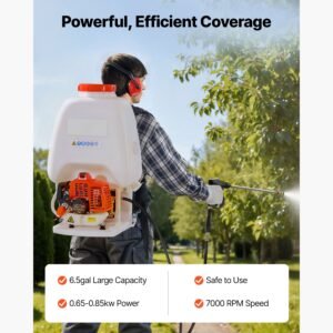 gas powered backpack sprayer, 26.5cc 0.9hp engine, garden sprayer with 6.5 gallon tank, large area coverage, lawn spraying machine with 24 in wand & nozzles for efficient gardening & farming