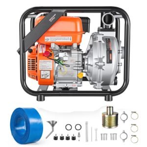 Gas Powered Water Pump, 2 in, 128 GPM 6HP Semi Trash Water Transfer Pump Portable, Gasoline Engine with 25 ft Discharge Hose, Heavy Duty Frame, Cast Iron Impeller, for Irrigation, Ponds, Pools