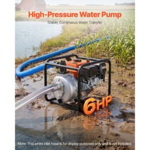 gas powered water pump, 2 in, 128 gpm 6hp semi trash water transfer pump portable, gasoline engine with 25 ft discharge hose, heavy duty frame, cast iron impeller, for irrigation, ponds, pools