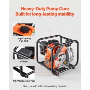 gas powered water pump, 2 in, 128 gpm 6hp semi trash water transfer pump portable, gasoline engine with 25 ft discharge hose, heavy duty frame, cast iron impeller, for irrigation, ponds, pools