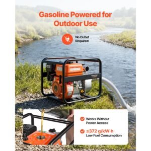 gas powered water pump, 2 in, 132 gpm 6.5hp semi trash water transfer pump portable, gasoline engine with 25 ft discharge hose, heavy duty frame, cast iron impeller, for irrigation, ponds, pools