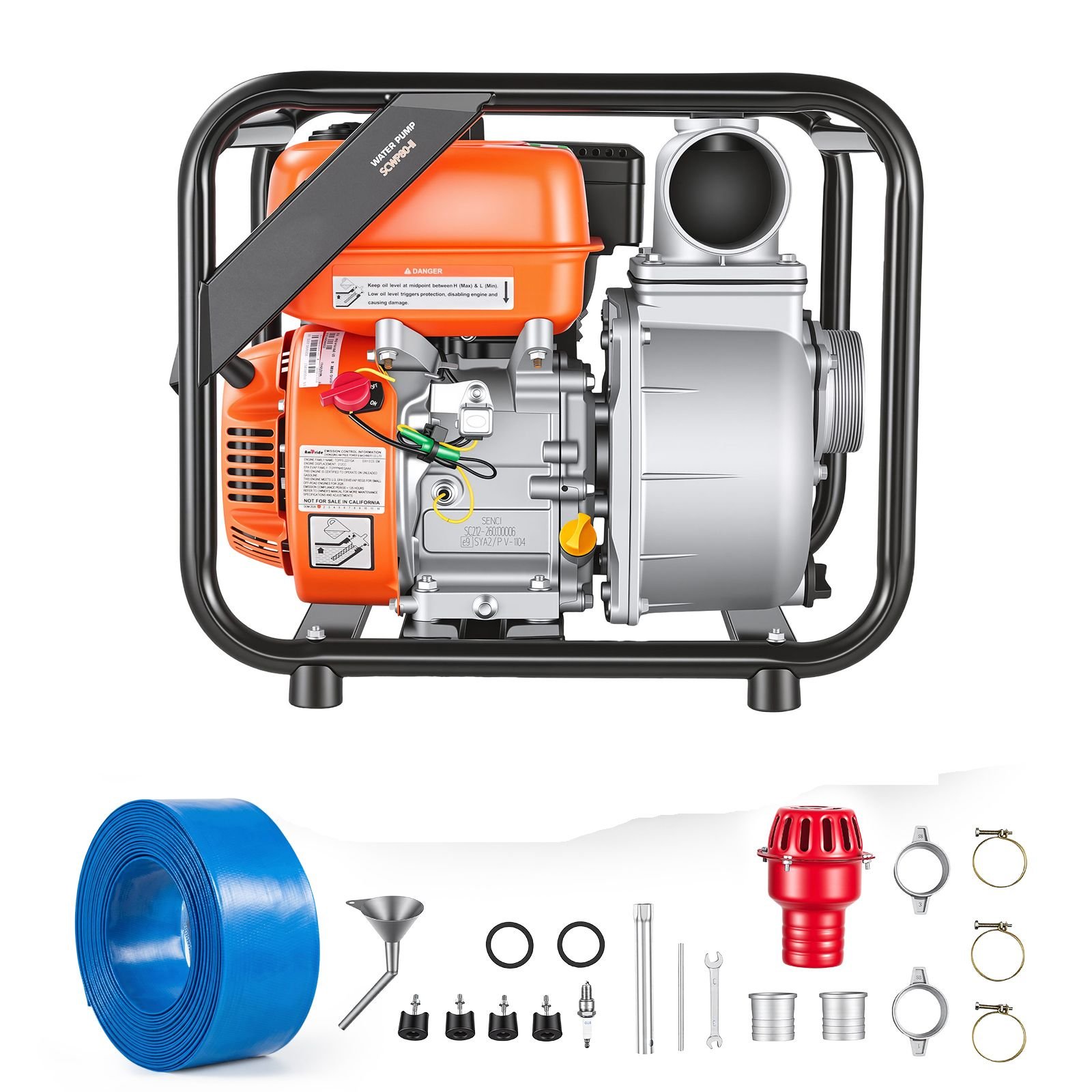 gas powered water pump, 3 in, 242 gpm 7hp semi trash water transfer pump portable, gasoline engine with 25 ft discharge hose, heavy duty frame, cast iron impeller, for irrigation, ponds, pools