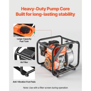 gas powered water pump, 3 in, 242 gpm 7hp semi trash water transfer pump portable, gasoline engine with 25 ft discharge hose, heavy duty frame, cast iron impeller, for irrigation, ponds, pools
