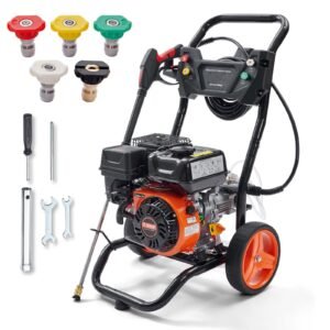 Gas Pressure Washer, 3400 PSI 2.6 GPM, Gas Powered Pressure Washer with Aluminum Pump, Spray Gun and Extension Wand, 5 Quick Connect Nozzles, for Cleaning Cars, Homes, Driveways, Patios