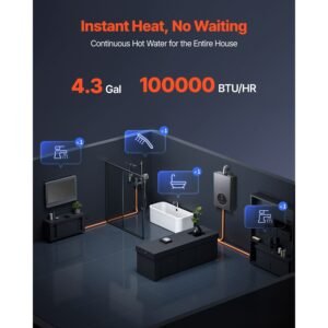 gas tankless water heater, 4.3gal indoor 100000 btu instant hot water heater, smart temperature control & clear led display & multiple security protections for whole house,silver gray