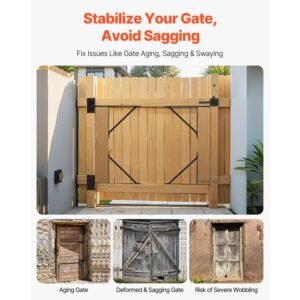 gate corner brace bracket, 2 sets, anti sag gate frame hardware kit, gate frame brace bracket with latch lock, screws, for shed doors, corral gates, driveway gates, stable gates, iron, black