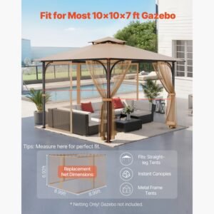 gazebo netting replacement, fit most 10 x 10 x 7 ft gazebo curtain, outdoor garden net, 4 panel sidewall mesh net, patio midge netting with double zipper, canopy screen (netting only)