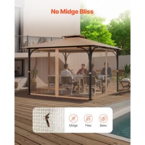 gazebo netting replacement, fit most 10 x 10 x 7 ft gazebo curtain, outdoor garden net, 4 panel sidewall mesh net, patio midge netting with double zipper, canopy screen (netting only)