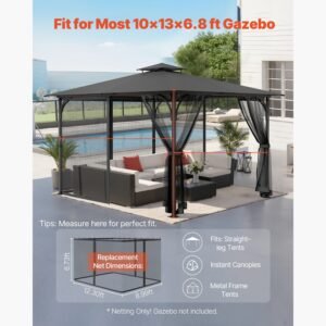 gazebo netting replacement, fit most 10 x 13 x 6.8 ft gazebo curtain, outdoor garden net, 4 panel sidewall mesh net, patio midge netting with double zipper, canopy screen (netting only)