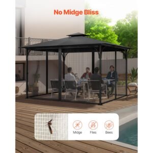 gazebo netting replacement, fit most 10 x 13 x 6.8 ft gazebo curtain, outdoor garden net, 4 panel sidewall mesh net, patio midge netting with double zipper, canopy screen (netting only)