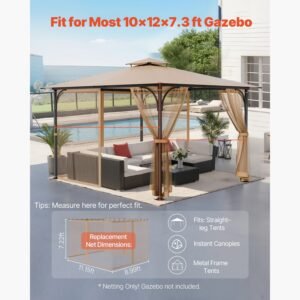 gazebo netting replacement, fit most 10x12x7.3 ft gazebo, outdoor garden gazebo net, 4 panel sidewall mesh gazebo curtain, patio midge netting with double zipper, canopy screen (netting only)