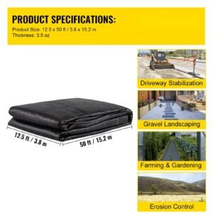 geotextile fabric, 12.5 x 50 ft 3.5oz woven pp driveway drain cloth with 600lbs tensile strength, heavy duty underlayment for soil stabilization, landscaping, weed barrier, 12.5ft50ft 3.5oz, bla