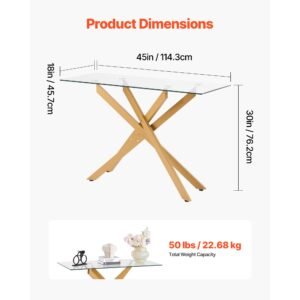 glass coffee table, modern rectangle sofa side table with tempered glass top & iron cross legs, golden geometric consloe desk with adjustable anti slip foot pads for living room, entryway, foyer