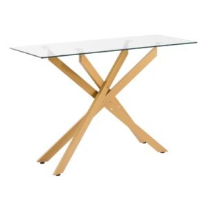 Glass Coffee Table, Modern Rectangle Sofa Side Table with Tempered Glass Top & Iron Cross-Legs, Golden Geometric Consloe Desk with Adjustable Anti-slip Foot Pads for Living Room, Entryway, Foyer