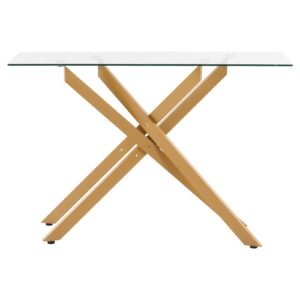 glass coffee table, modern rectangle sofa side table with tempered glass top & iron cross legs, golden geometric consloe desk with adjustable anti slip foot pads for living room, entryway, foyer