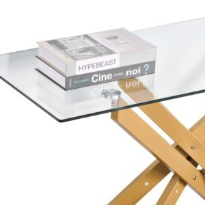 glass coffee table, modern rectangle sofa side table with tempered glass top & iron cross legs, golden geometric consloe desk with adjustable anti slip foot pads for living room, entryway, foyer