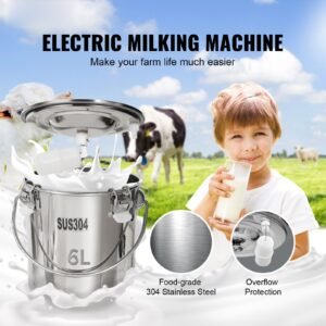 goat milking machine, 6 l 304 stainless steel bucket, electric automatic pulsation vacuum milker, portable milker with food grade silicone cups and tubes, adjustable suction for cows and sheep