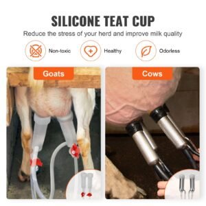 goat milking machine, 6 l 304 stainless steel bucket, electric automatic pulsation vacuum milker, portable milker with food grade silicone cups and tubes, adjustable suction for cows and sheep