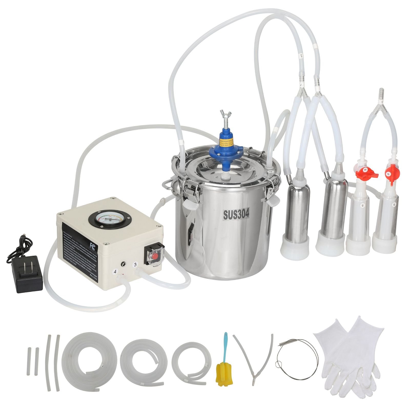 goat milking machine, 6 l 304 stainless steel bucket, electric automatic pulsation vacuum milker, portable milker with food grade silicone cups and tubes, adjustable suction for cows and sheep