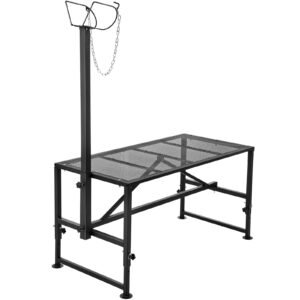 goat & sheep stand, 47x23 inch livestock stand, metal livestock milking and shearing stand 21" to 33" adjustable height, with headpiece and nose loop, 500lbs loading weight, black