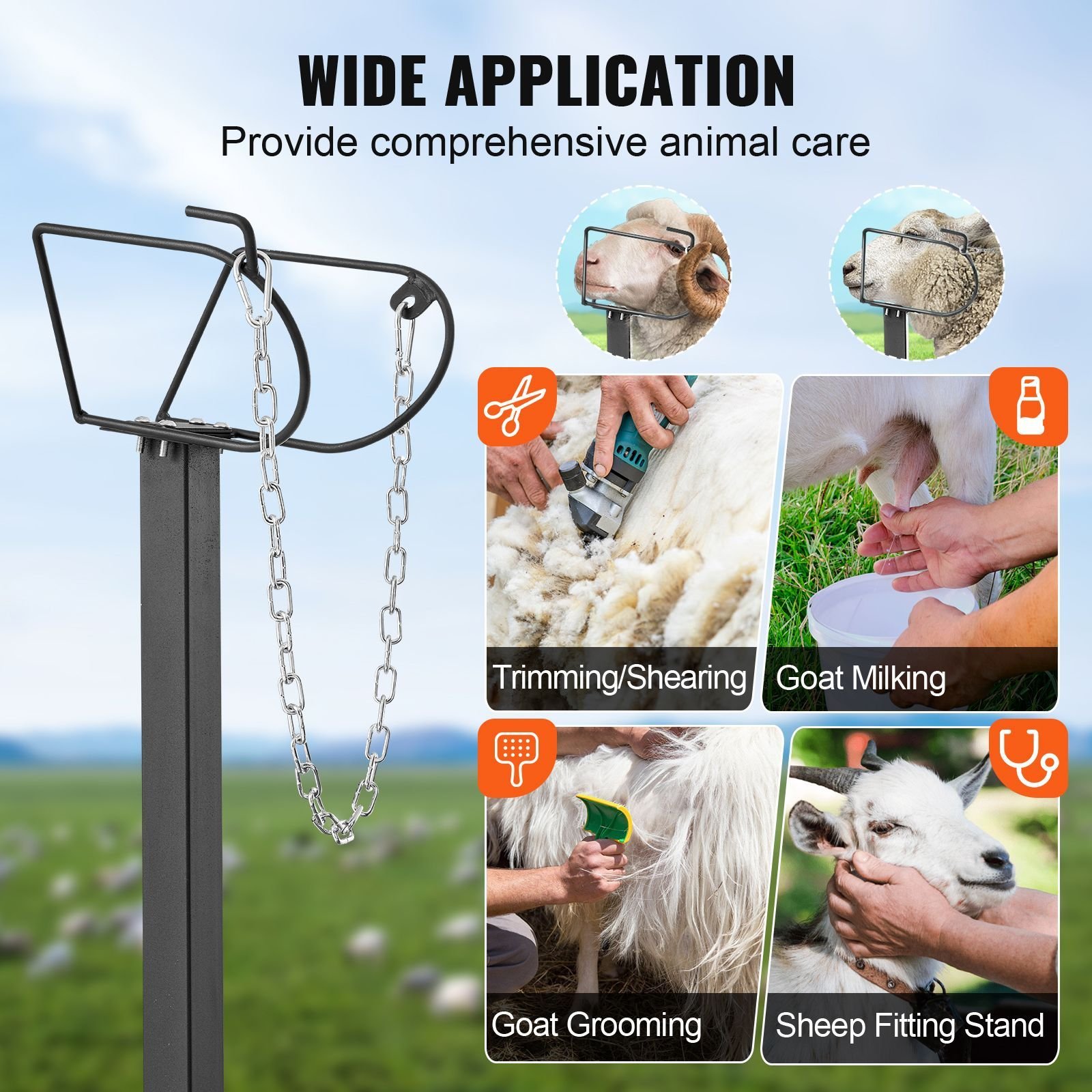 goat & sheep stand, 47x23 inch livestock stand, metal livestock milking and shearing stand 21" to 33" adjustable height, with headpiece and nose loop, 500lbs loading weight, black