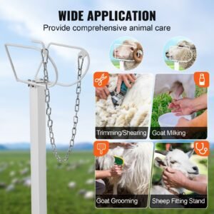 goat & sheep stand, 47x23 inch livestock stand, metal livestock milking and shearing stand 21" to 33" adjustable height, with headpiece and nose loop, 500lbs loading weight, white
