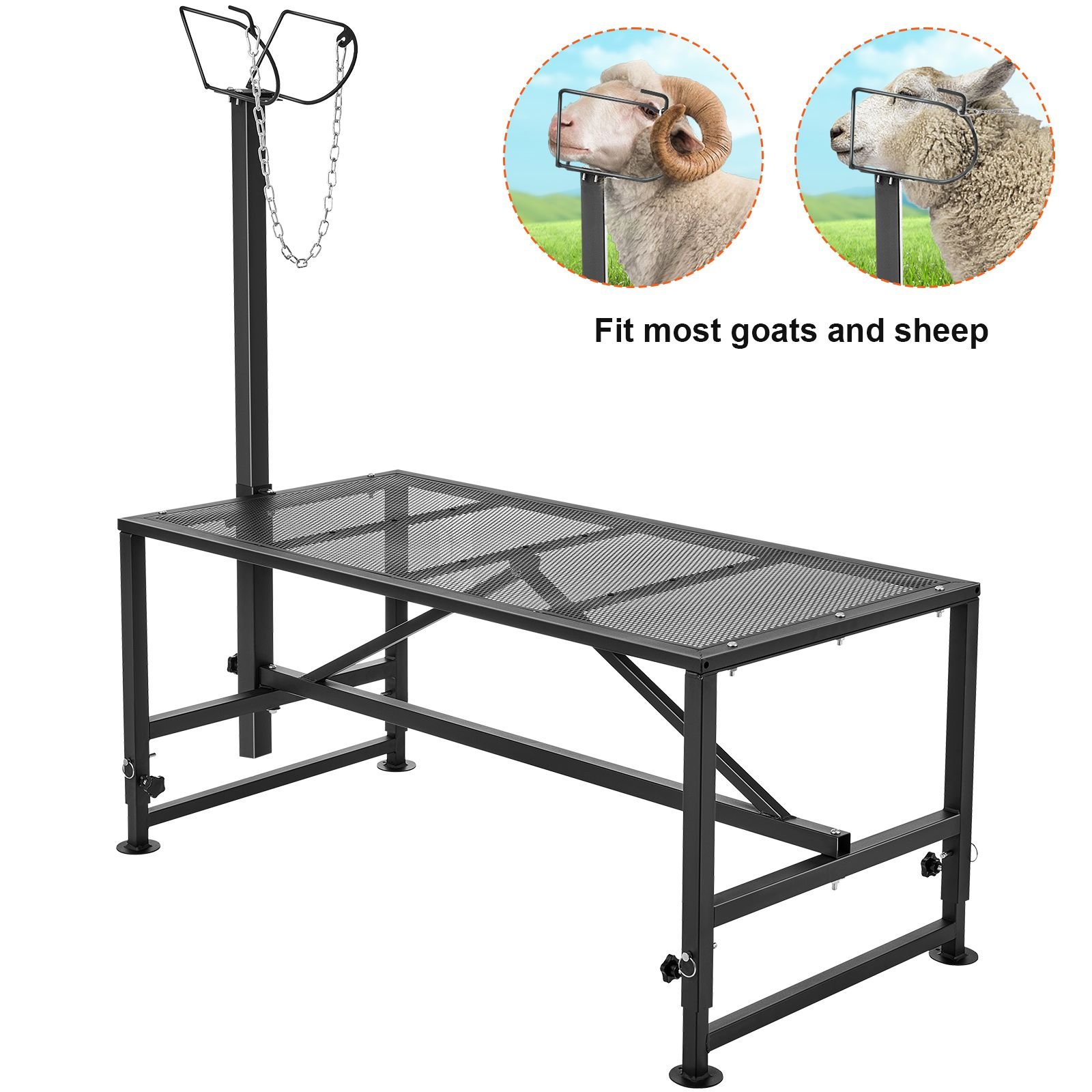 goat & sheep stand, 51x23 inch livestock stand, metal livestock milking and shearing stand 21" to 33" adjustable height, with headpiece and nose loop, 500lbs loading weight, black