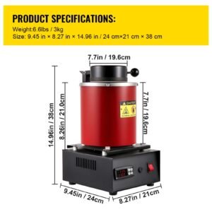 gold melting furnace, 1350w, 2102 fahrenheit max temperature, 3 kg digital electric melting furnace, with 1 kg and 3 kg ceramic crucible and ingot die for processing of gold, silver, copper