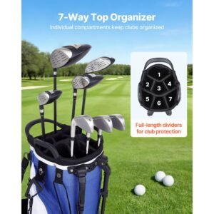 golf cart bag, 7 way top divider organizer, club stand bag with full length divider, handles, dual support legs, storage pockets, dual shoulder straps, rain hood, lightweight for men and women