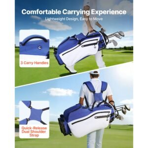 golf cart bag, 7 way top divider organizer, club stand bag with full length divider, handles, dual support legs, storage pockets, dual shoulder straps, rain hood, lightweight for men and women