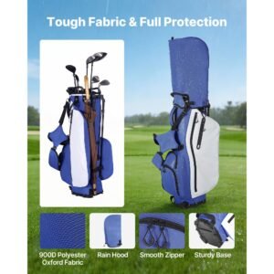 golf cart bag, 7 way top divider organizer, club stand bag with full length divider, handles, dual support legs, storage pockets, dual shoulder straps, rain hood, lightweight for men and women