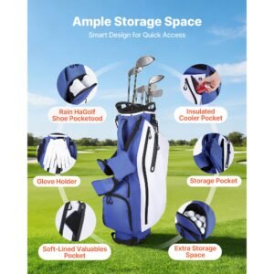 golf cart bag, 7 way top divider organizer, club stand bag with full length divider, handles, dual support legs, storage pockets, dual shoulder straps, rain hood, lightweight for men and women