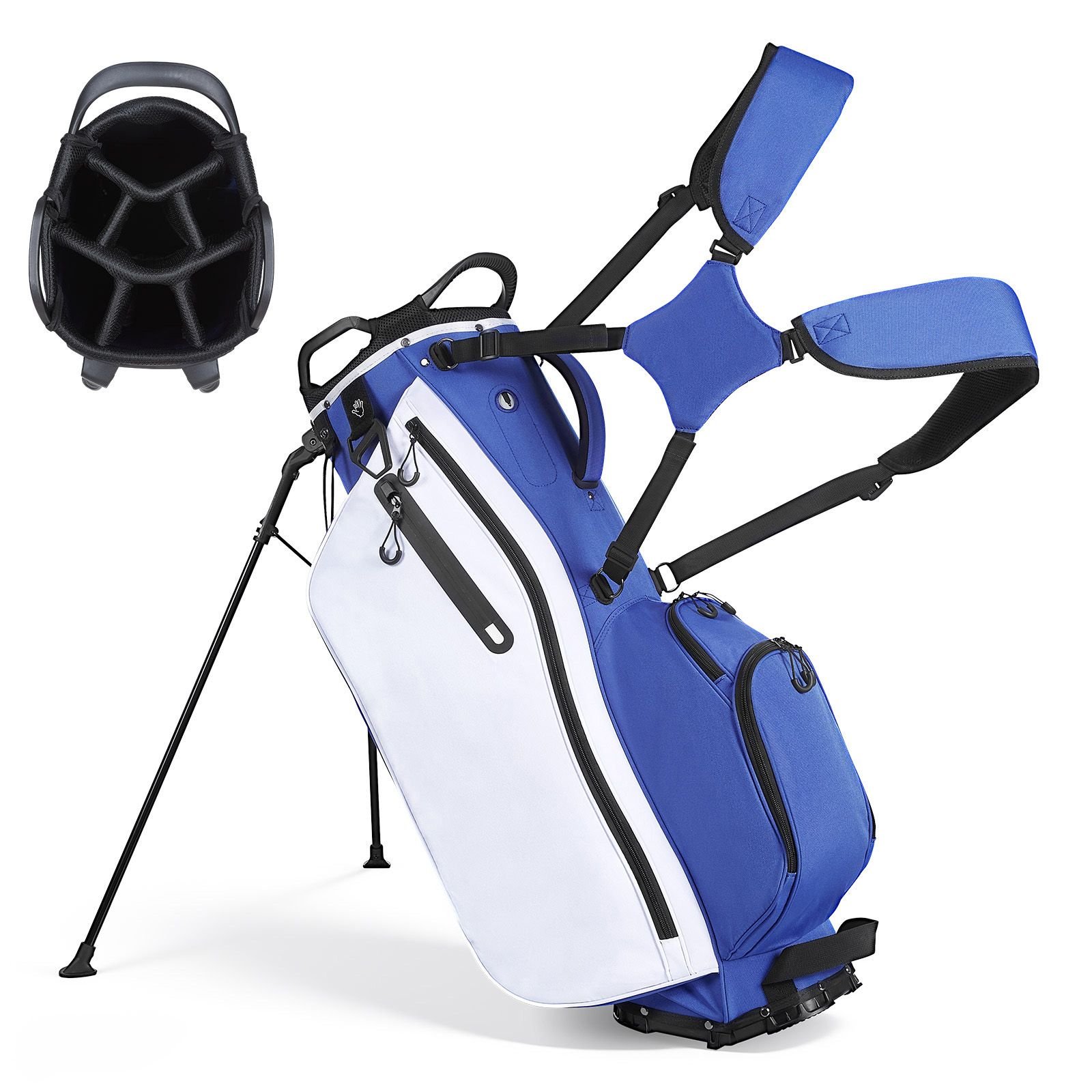 golf cart bag, 7 way top divider organizer, club stand bag with full length divider, handles, dual support legs, storage pockets, dual shoulder straps, rain hood, lightweight for men and women