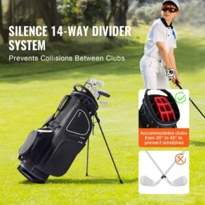 golf cart bag with 14 way organizer divider top, 35' 11 pockets premium cart bag with stand, durable golf bags with handles & dust cover & detachable dual strap for men & women, black white