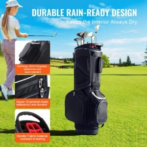 golf cart bag with 14 way organizer divider top, 35' 11 pockets premium cart bag with stand, durable golf bags with handles & dust cover & detachable dual strap for men & women, black white