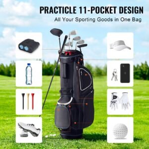 golf cart bag with 14 way organizer divider top, 35' 11 pockets premium cart bag with stand, durable golf bags with handles & dust cover & detachable dual strap for men & women, black white