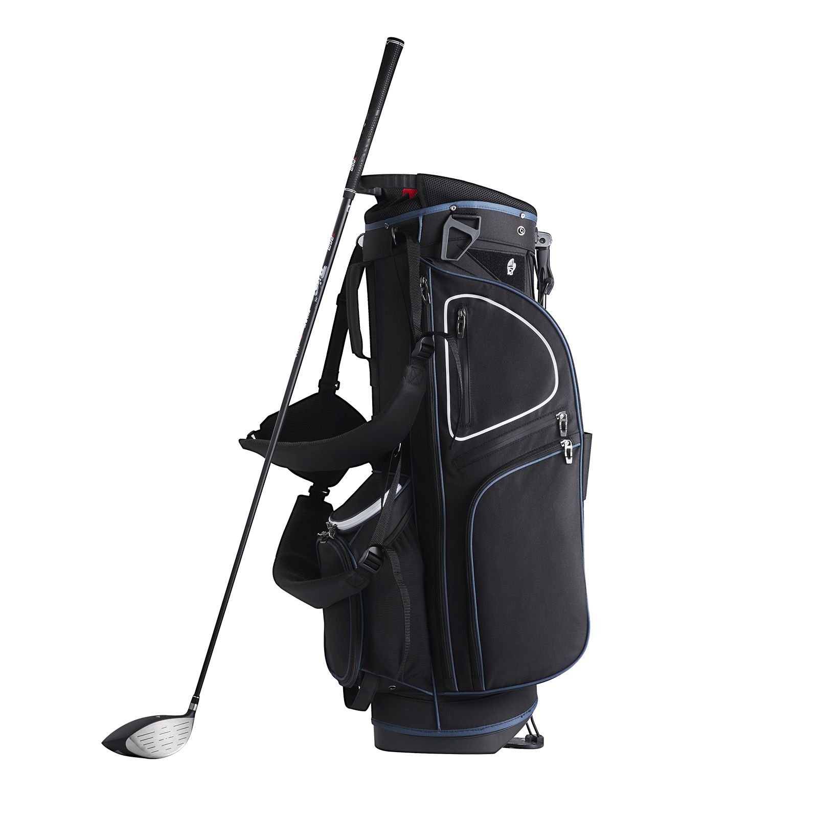 golf cart bag with 14 way organizer divider top, 35' 11 pockets premium cart bag with stand, durable golf bags with handles & dust cover & detachable dual strap for men & women, black white