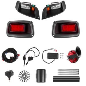 Golf Cart Light Kit, 12 Volt, Street Legal LED Headlight and Tail Light Kit with Wiring Harness, Turn Signals, Hazard Light, Switch Horn, Brake Pad, Zip Ties, ABS Housing, for EZGO TXT 1996-2013