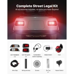 golf cart light kit, 12 volt, street legal led headlight and tail light kit with wiring harness, turn signals, hazard light, switch horn, brake pad, zip ties, abs housing, for ezgo txt 1996 2013